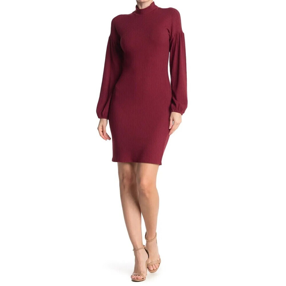 Melloday Mock Neck Long Sleeve Ribbed Sheath Dress In Wine Size L - Picture 6 of 7